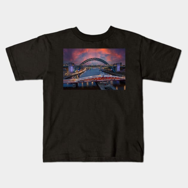 Newcastle Quayside bridges sunset Kids T-Shirt by tynesidephotos